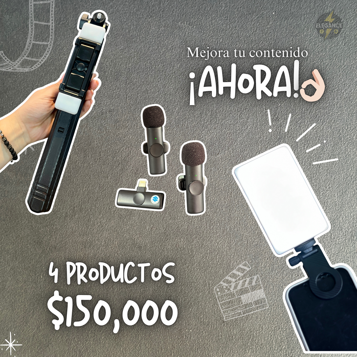 Kit ÂĄPRO!đđ»Para crear contenido đïžx 4 productos âĄïžLuz recargable + trĂpode + 2 micrĂłfonos