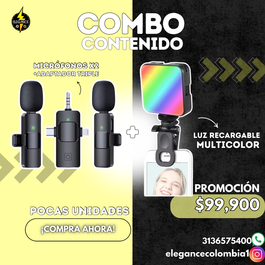 Combo contenido micrófono K15 plus + luz RGB recargable