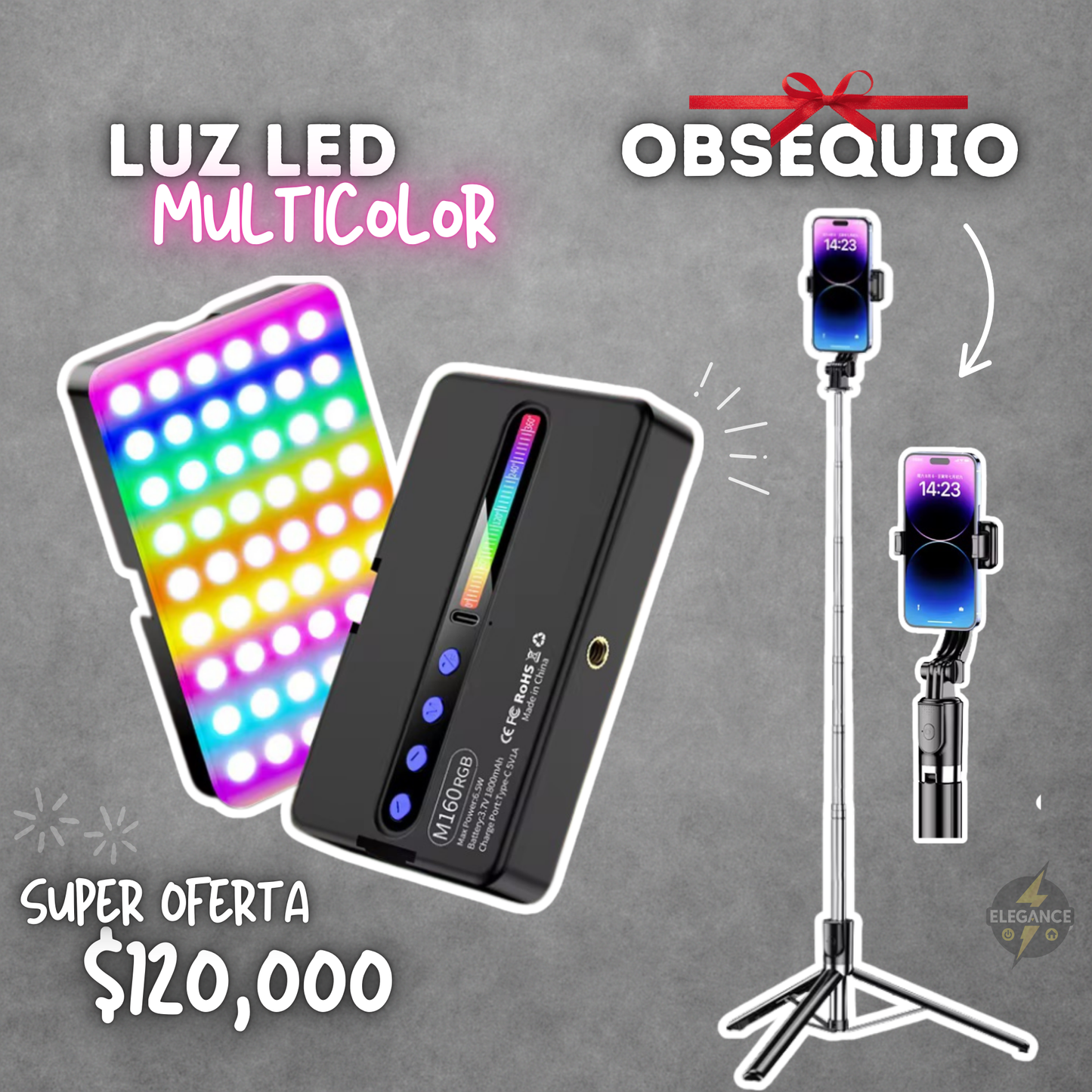 Luz led M160 RGBđ para celulares y cĂĄmaras+ trĂpode R1-L de obsequio đ