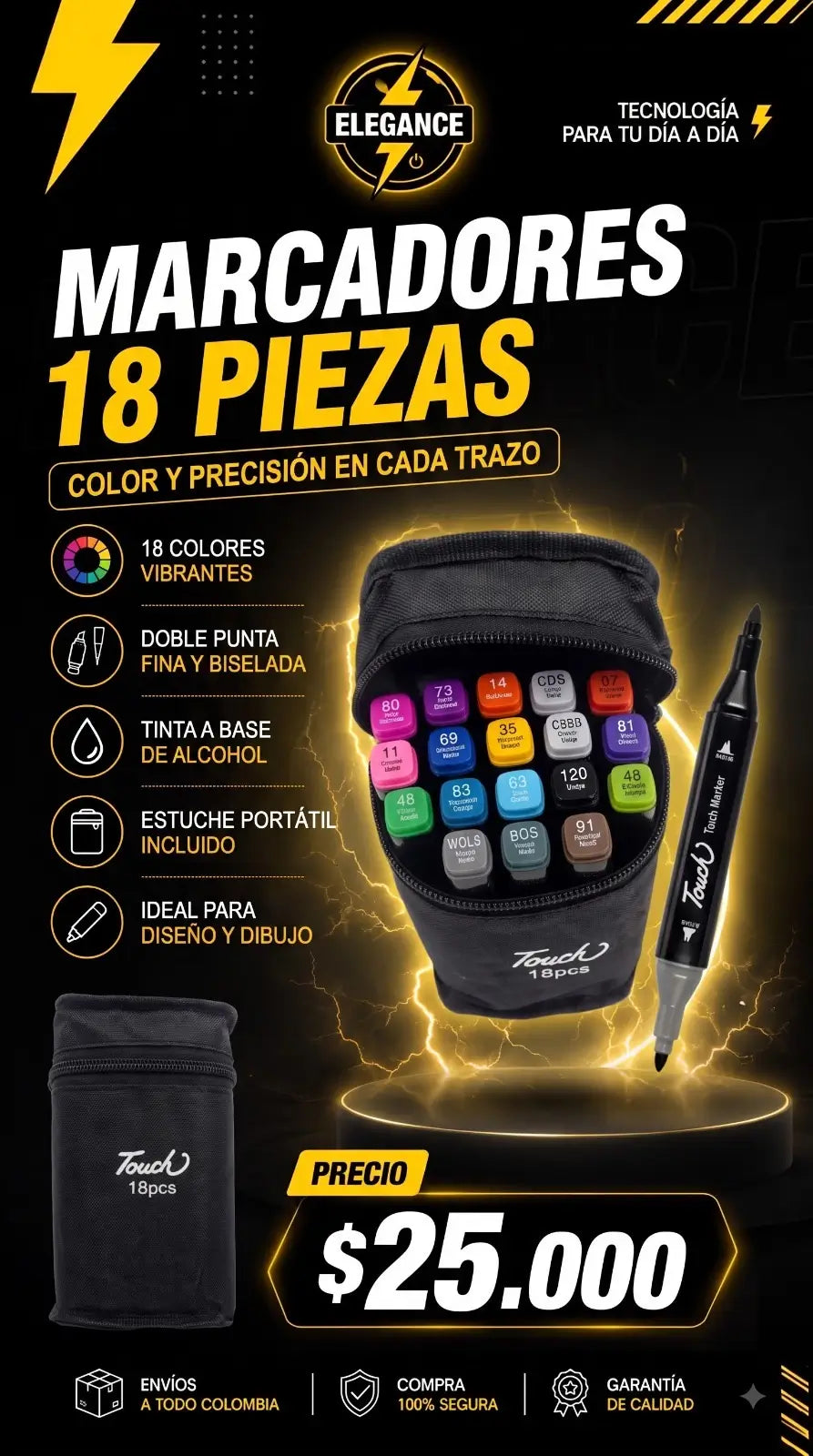 Set de marcadores x18 piezas doble punta + bolso para transporte