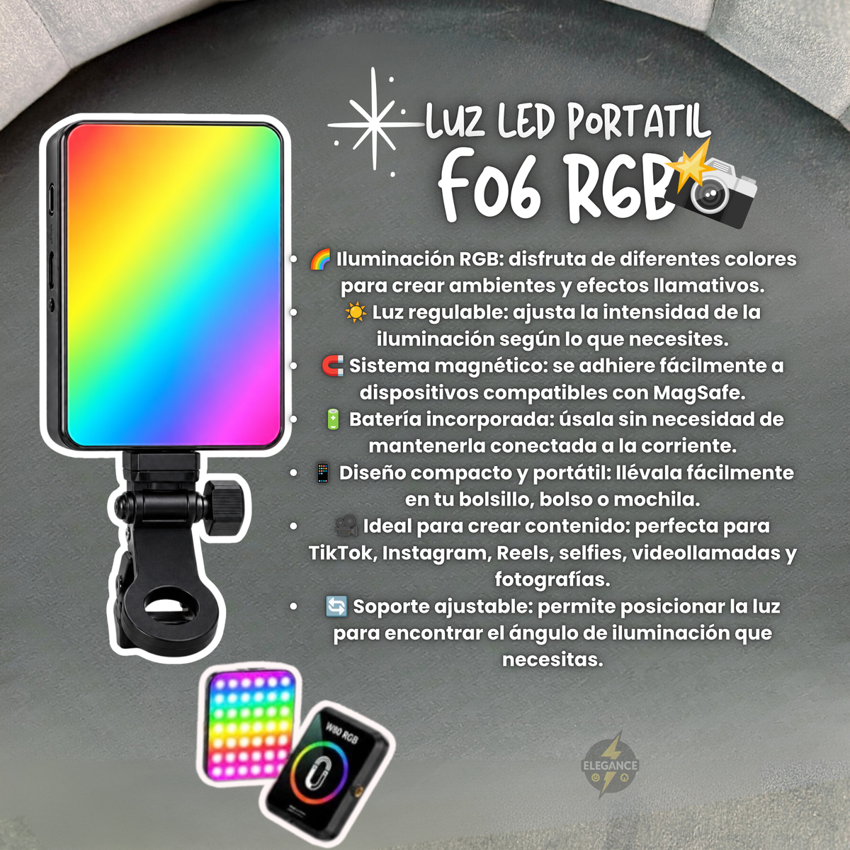 Combo para creadores de contenido trípode 1m + luz rgb + micrófonos peluche