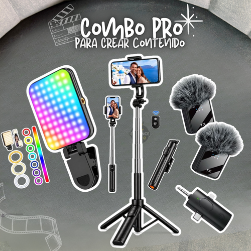 Combo para creadores de contenido trípode 1m + luz rgb + micrófonos peluche