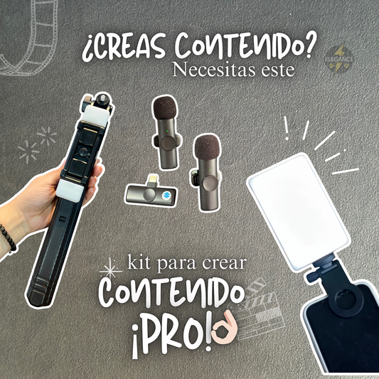 Kit ¡PRO!👌🏻Para crear contenido 🎞️x 4 productos ⚡️Luz recargable + trípode + 2 micrófonos