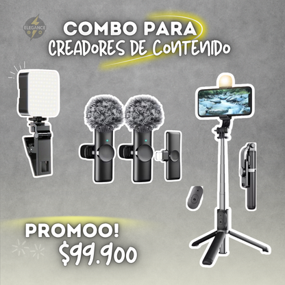 Combo para creadores de contenido 📸🎬 Trípode Q07+ 2 micrófonos mmdf19+ Luz con 3 intensidades⚡️