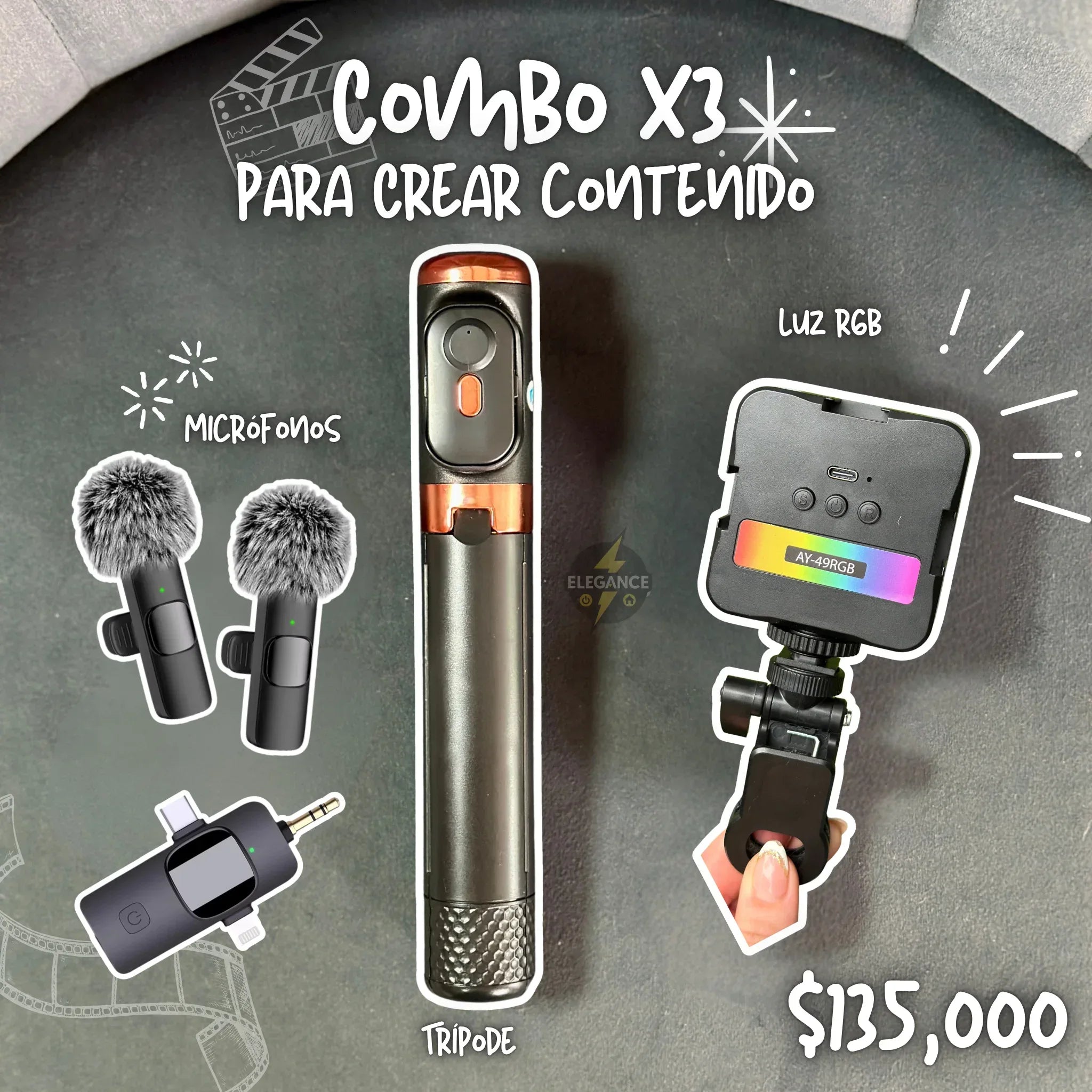 Kit Pro Para Creadores – Micrófono Doble VP-056 + Luz RGB + Trípode JC16