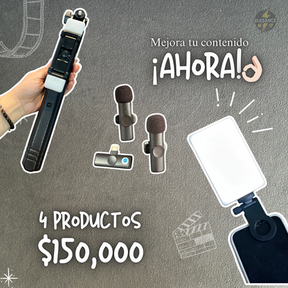 Kit ¡PRO!👌🏻Para crear contenido 🎞️x 4 productos ⚡️Luz recargable + trípode + 2 micrófonos