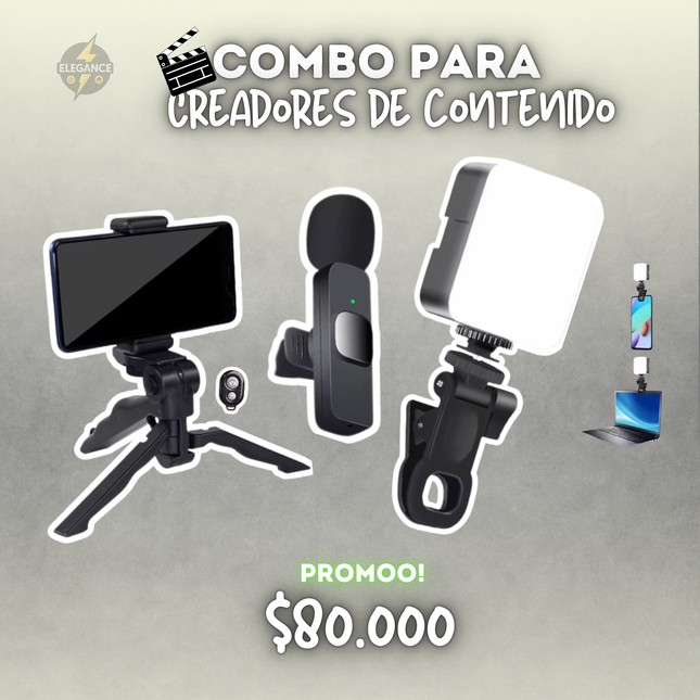 Combo x3 para creadores- micrófono k8+ trípode de mesa con control + luz recargable
