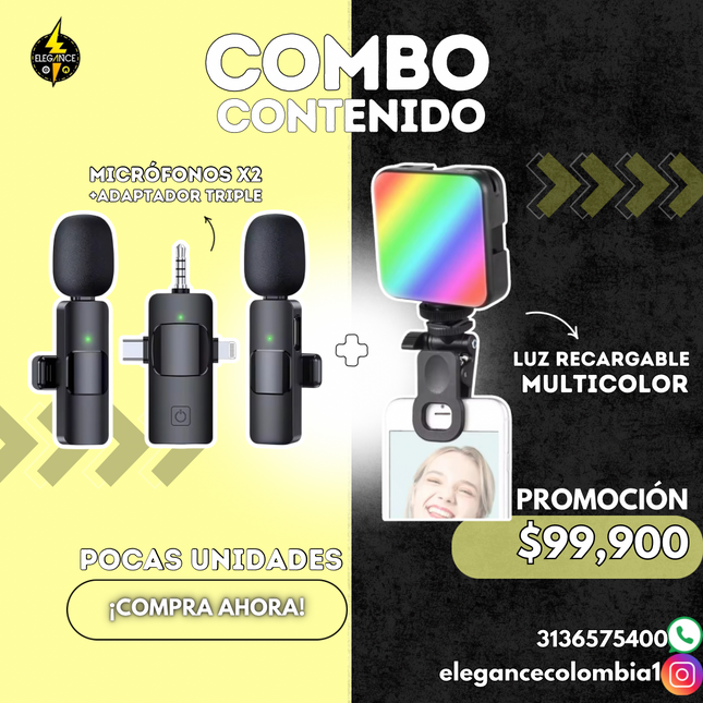 Combo Contenido Micrófono Universal Vp-056 + Luz RGB recargable