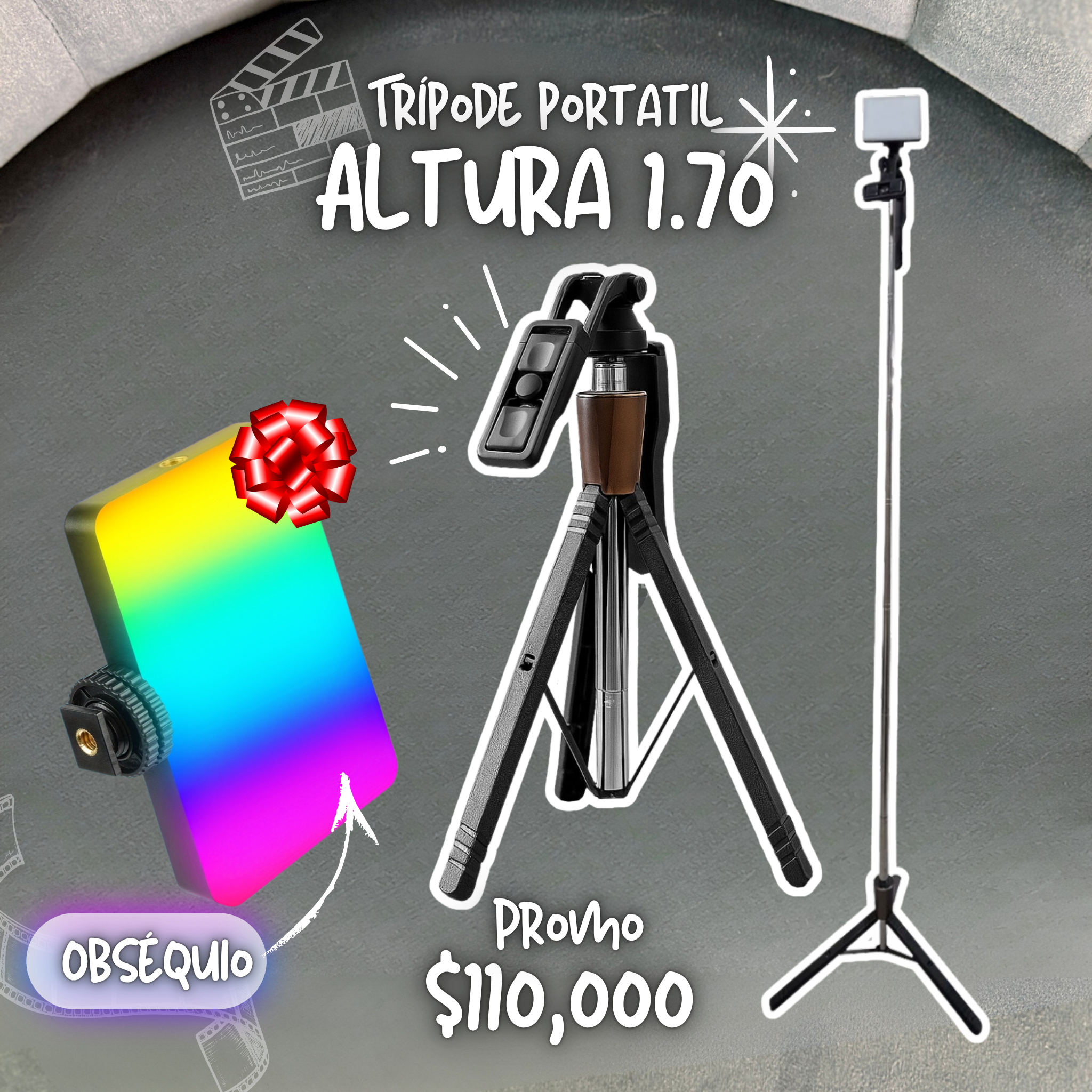 Trípode portátil 1,70 + control Bluetooth, como obséquio luz led portátil rgb