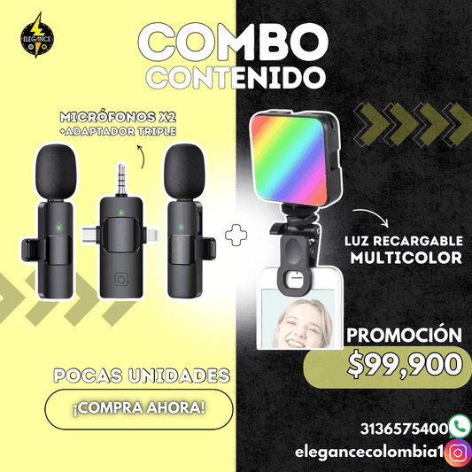 Combo Contenido Micrófono Universal Vp - 056 + Luz RGB recargable - Elegance Colombia