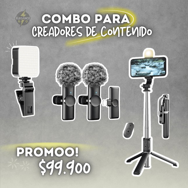 Combo para creadores de contenido 📸🎬 Trípode Q07+ 2 micrófonos mmdf19+ Luz con 3 intensidades⚡️ - Elegance Colombia