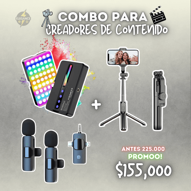 Combo para creadores de contenido, trípode Q07 + micrófonos Vp056 + Luz rgb - Elegance Colombia