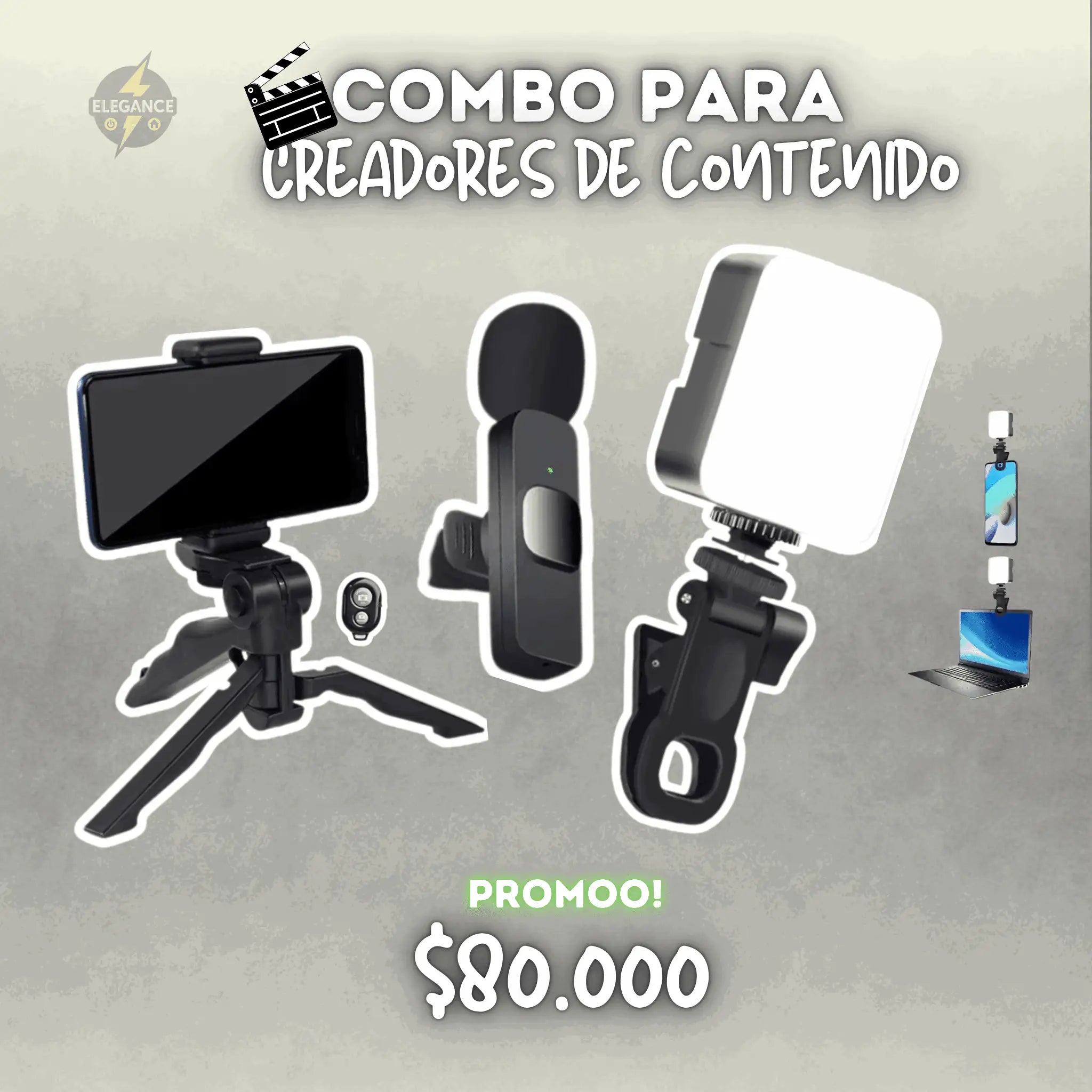 Combo x3 para creadores - micrófono k8+ trípode de mesa con control + luz recargable - Elegance Colombia