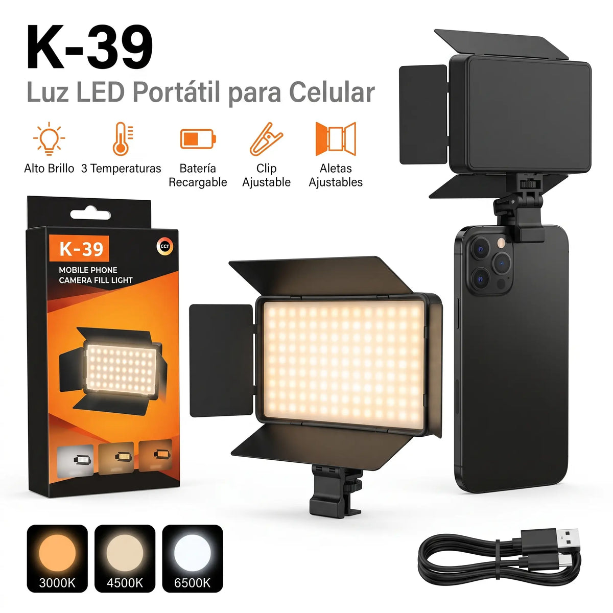 Panel de luz K-39 (3 TONOS DE LUZ/ calida,fria y blanca)